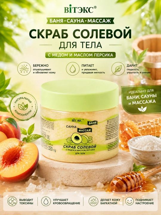 Скраб солевой для тела Витэкс баня сауна массаж, с медом и маслом персика, 320 мл - 