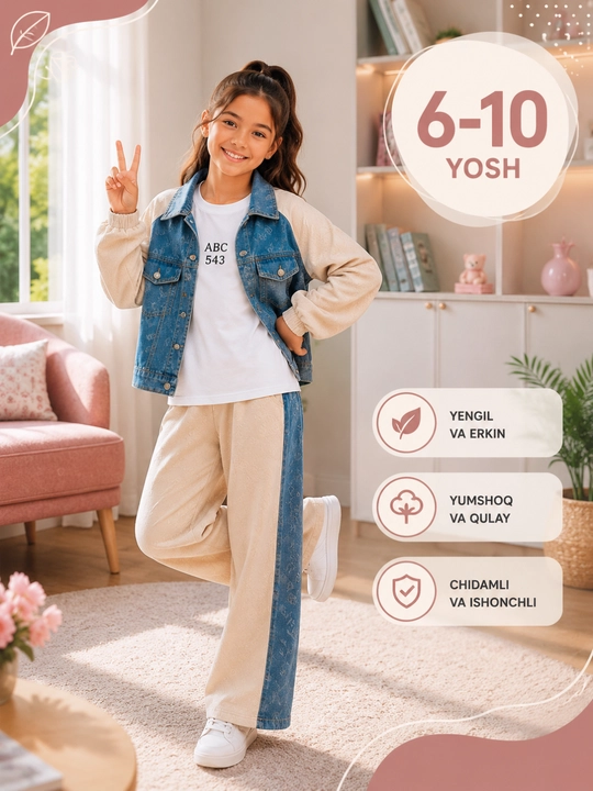 Комплект для девочки 3 в 1: джинсовая куртка, футболка и брюки, 6–10 лет - 