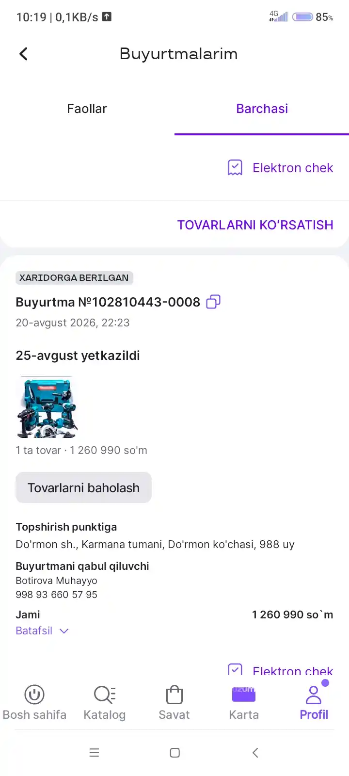 Akkumulyatorli to'plam 6 tasi 1 da, perforator, shurupovert, gaykovert, bolgarkа, arra