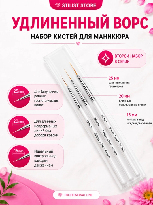 Набор кистей-лайнеров для маникюра 000/00/0, 3 шт., STILIST STORE