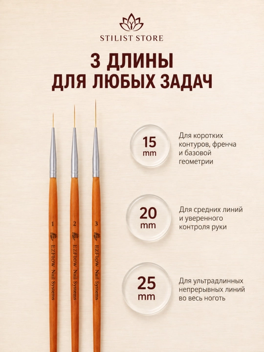 Manikyur va neyl-art uchun layner cho‘tkalar to‘plami, 3 dona, STILIST STORE