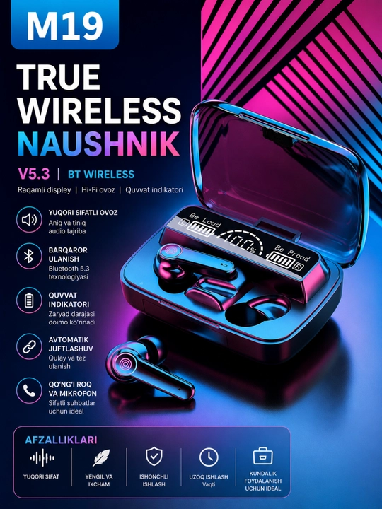 Беспроводные TWS наушники M19 Premium Bluetooth 5.3 с LED-дисплеем и зарядным кейсом - 