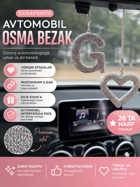 Avto osma bezak, oyna uchun bezak, harfli brelok, toshli bezak, mashina aksessuari - 