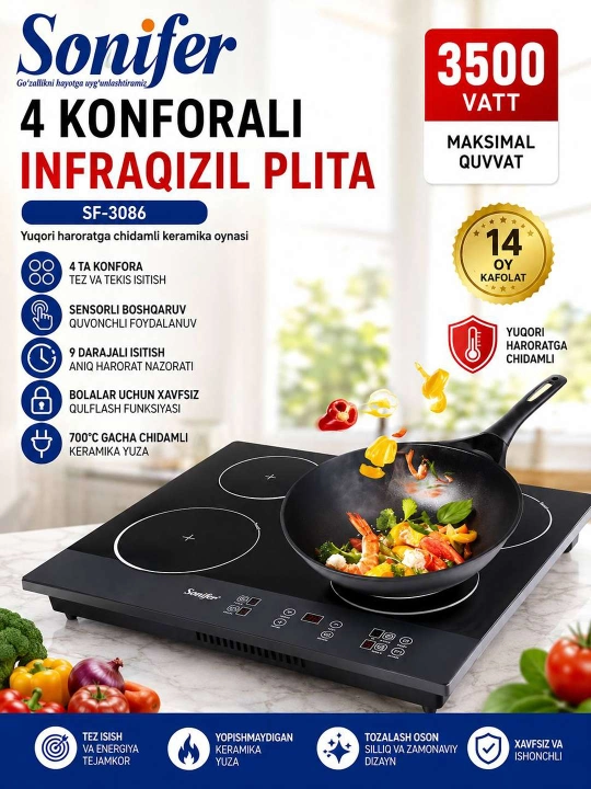 Sonifer SF-3086 — 4 ta konforali zamonaviy infraqizil elektr pechi (plita)
