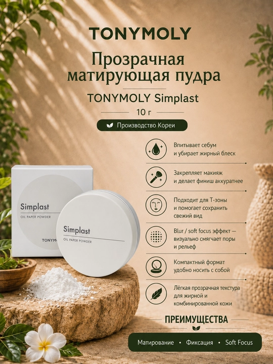 TONYMOLY Simplast прозрачная матирующая пудра для лица, фотошоп-эффект, Корея - 