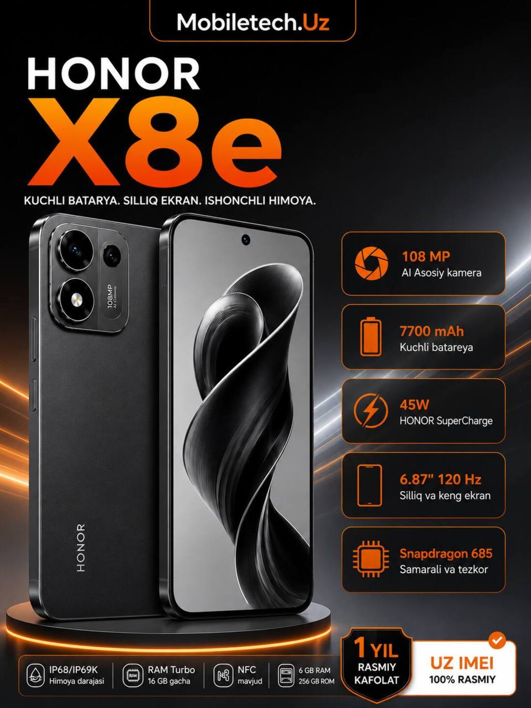 Смартфон HONOR X8e 6/128 ГБ, 6/256 ГБ, камера 108 МП, 7700 мА·ч, экран 120 Гц - 