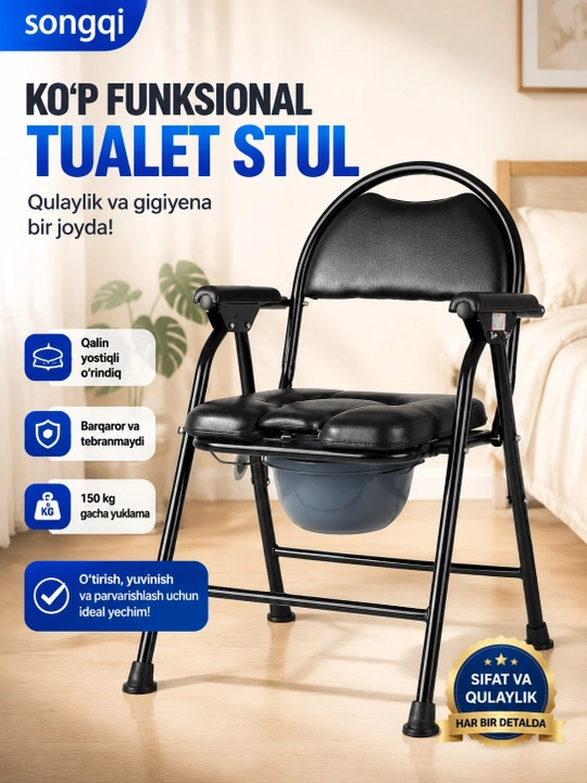 Tuvakli stul, keksalar va harakatlanishi cheklanganlar uchun, yig‘iladigan - 