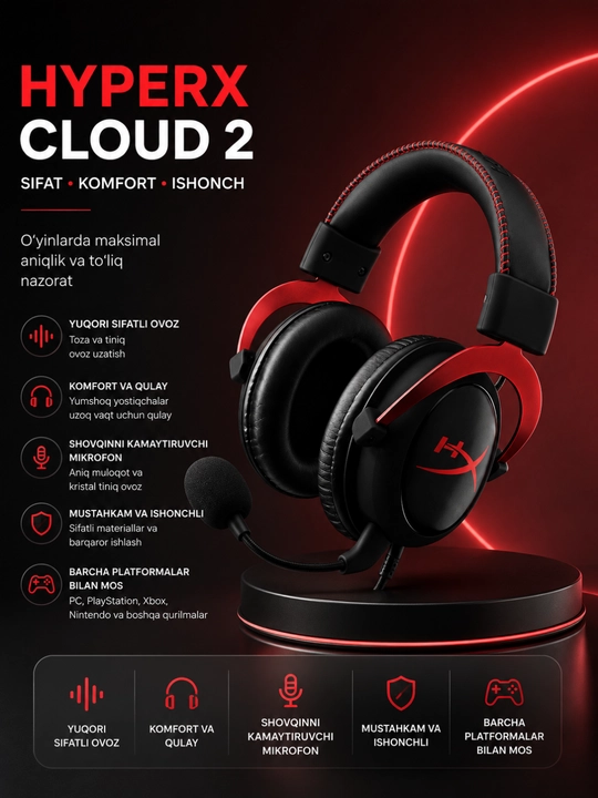 HyperX cloud 2, kompyuter, PS5, Xbox, noutbuk uchun stereo mikrofonli o‘yin garniturasi - 