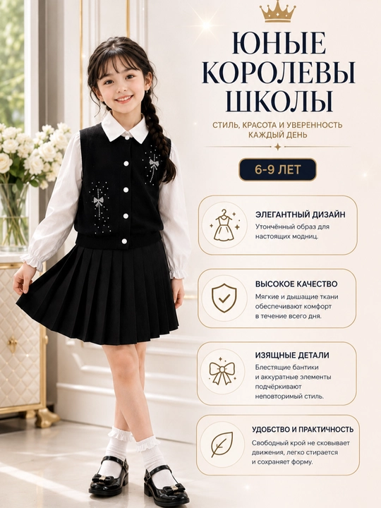 Школьная форма для девочки 6–9 лет, жилет, юбка плиссе и блузка, школьный комплект