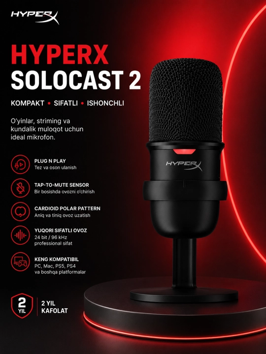 O‘yin podkastlarini uzatish va yozib olish uchun Hyper X Solocast usb kondensatorli mikrofoni - 