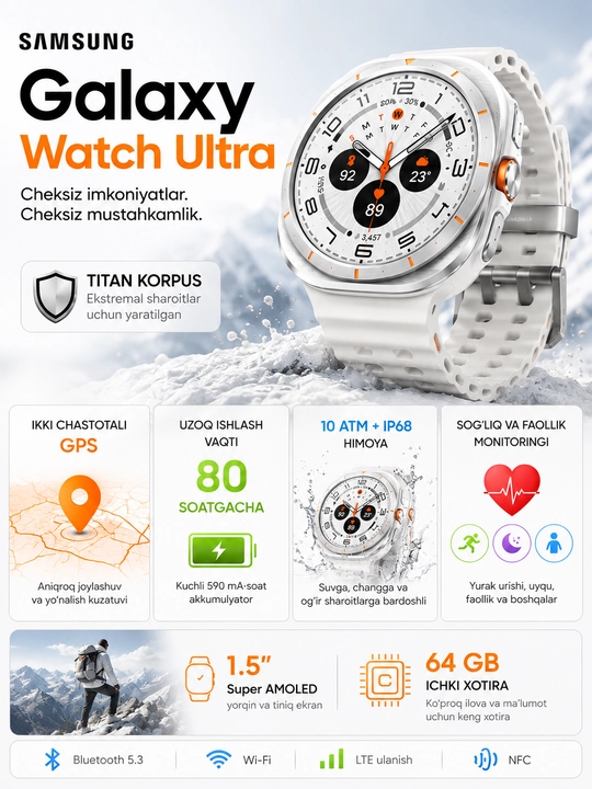Samsung Galaxy Watch Ultra 47 мм LTE умные часы с 64 ГБ памяти, GPS и Super AMOLED экраном - 