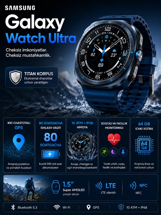 Samsung Galaxy Watch Ultra 47 мм LTE умные часы с 64 ГБ памяти, GPS и Super AMOLED экраном - 
