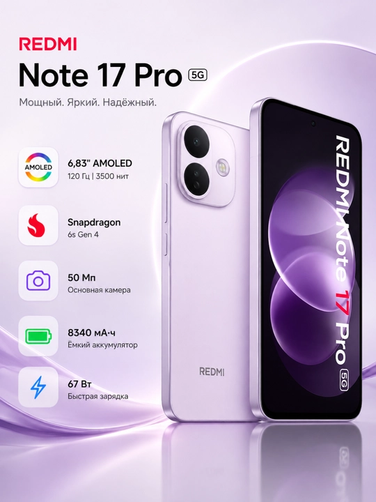 Смартфон Redmi Note 17 Pro 5G, AMOLED-дисплей 3500 нит, 120Гц, 8340мАч, 67 Вт, гарантия 1 год
