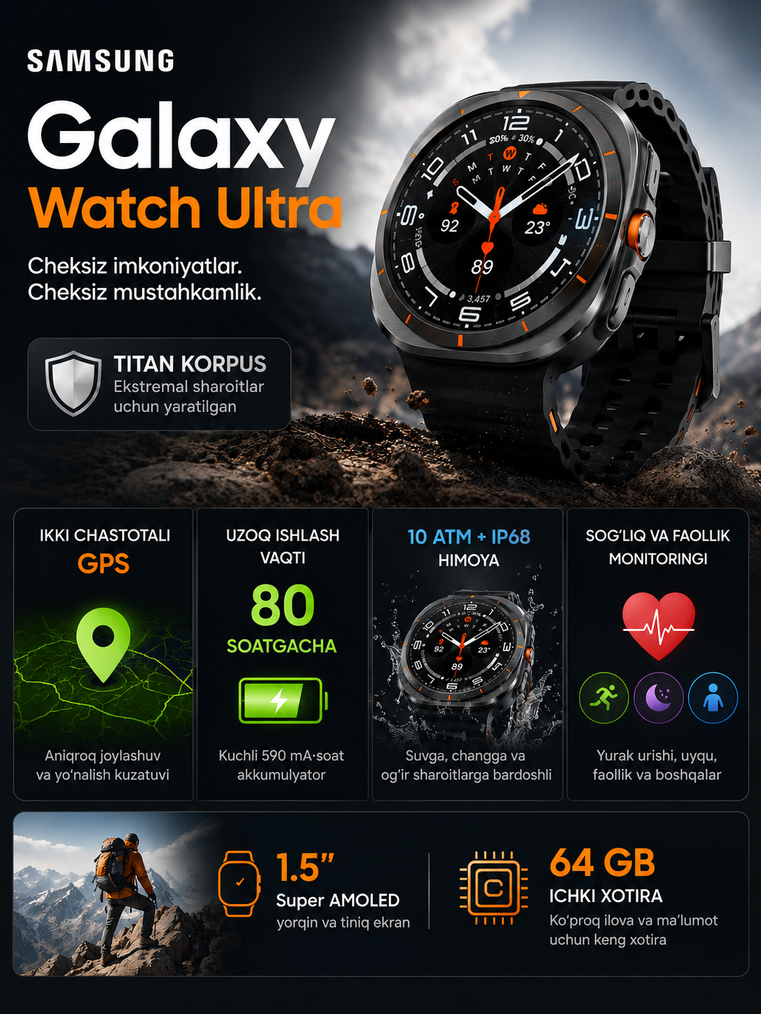 Samsung Galaxy Watch Ultra 47 мм LTE умные часы с 64 ГБ памяти, GPS и Super AMOLED экраном - 