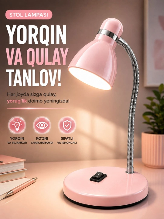 Stol lampasi metall, egiluvchan, o‘qish, dars va ish stoli uchun kumushrang - 