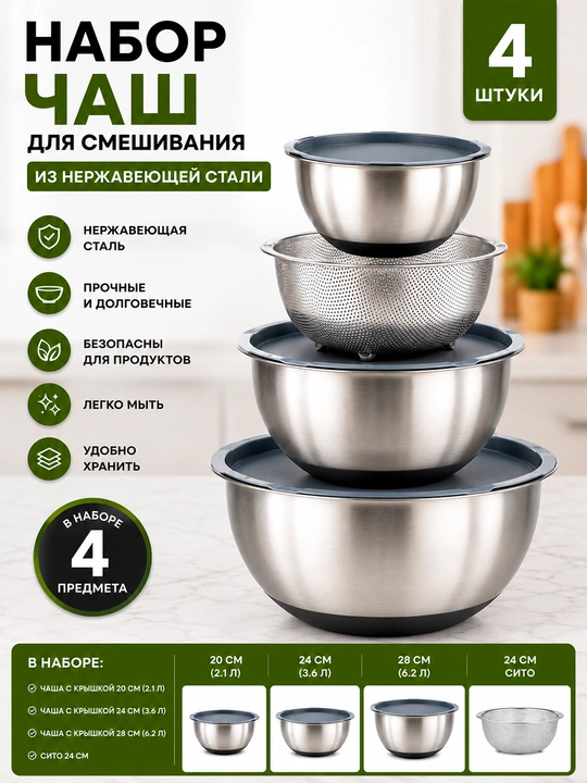 Набор чаш для смешивания 4 шт: 20, 24, 28 см, сито 24 см - 