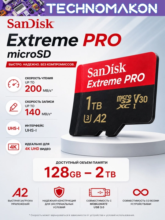 Карта памяти Sandisk Extreme Pro, 64 GB- 1 ТБ, 200 Mb/s, Micro SD, A2, V30, 4K - 