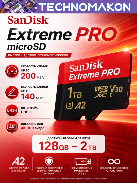 Карта памяти Sandisk Extreme Pro, 64 GB- 1 ТБ, 200 Mb/s, Micro SD, A2, V30, 4K