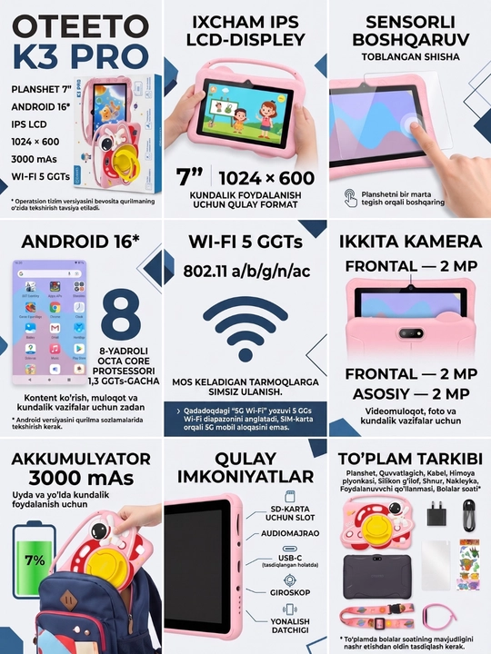 Детский планшет 7 дюймов — устройство для обучения, игр и просмотра мультфильмов