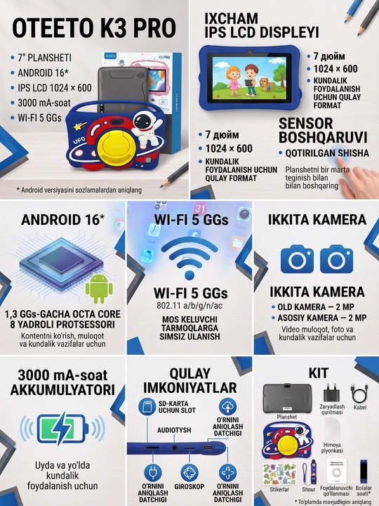 Детский планшет 7 дюймов — устройство для обучения, игр и просмотра мультфильмов
