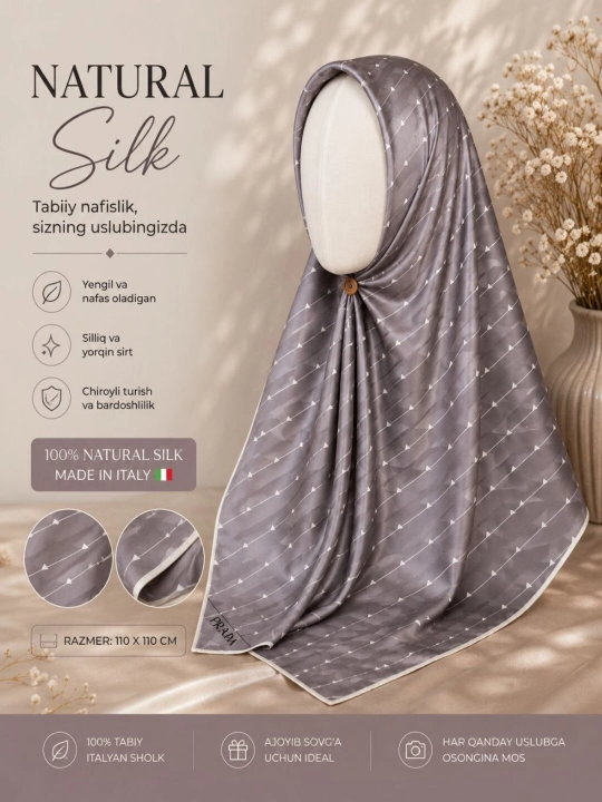 Ayollar uchun Natural Silk tabiiy italyan sholki ro‘mol - 