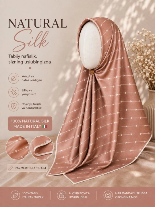 Ayollar uchun Natural Silk tabiiy italyan sholki ro‘mol - 