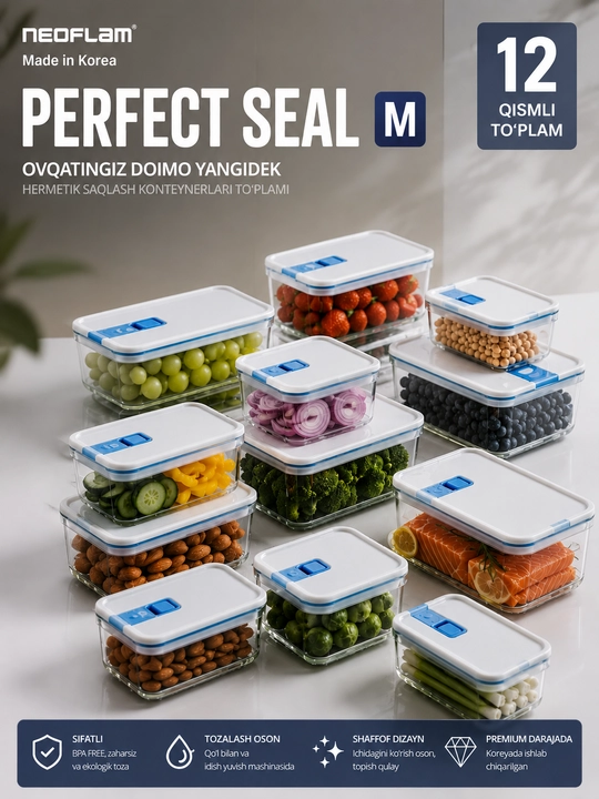 NEOFLAM PERFECT SEAL M Shisha oziq-ovqat konteyneri, germetik qopqoqli, borosilikat shisha - 
