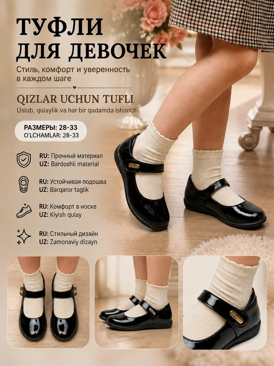 Qizlar uchun tuflilar, tabiiy charm, ortopedik - 