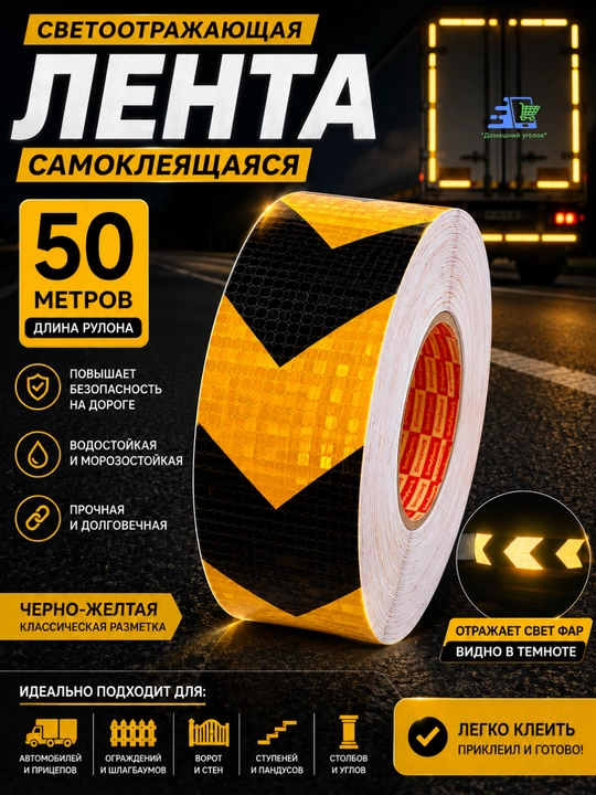 Светоотражающая лента самоклеящаяся 50 м, сигнальная отражающая лента - 