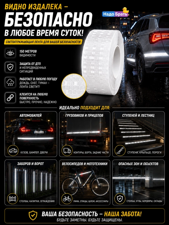 O‘zi yopishadigan 50 metrli yorug‘lik qaytaruvchi lenta, signal qaytaruvchi lenta