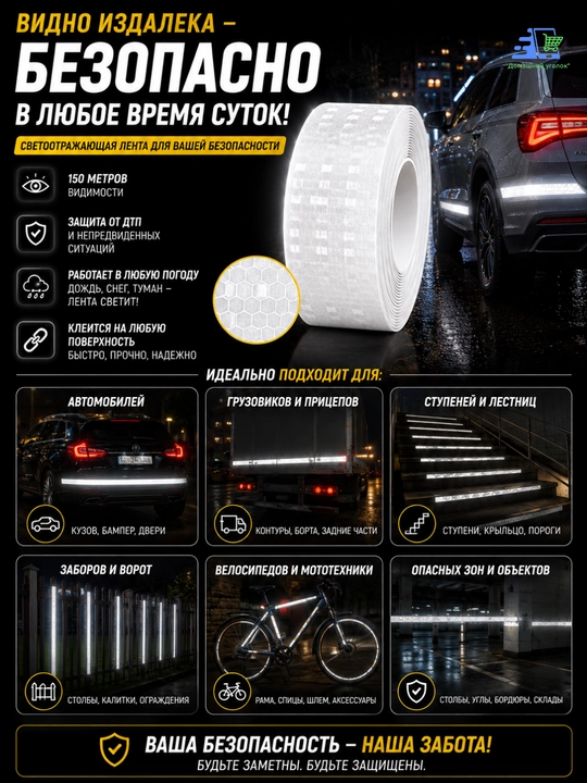 O‘zi yopishadigan 50 metrli yorug‘lik qaytaruvchi lenta, signal qaytaruvchi lenta