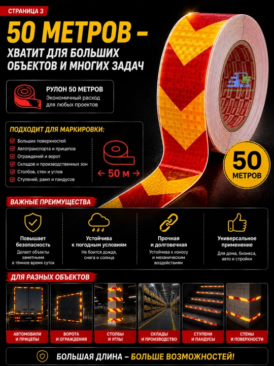 O‘zi yopishadigan 50 metrli yorug‘lik qaytaruvchi lenta, signal qaytaruvchi lenta
