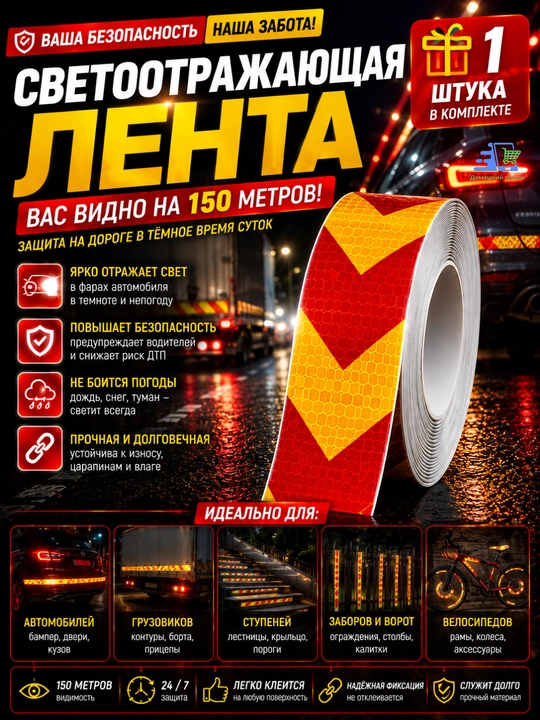O‘zi yopishadigan 50 metrli yorug‘lik qaytaruvchi lenta, signal qaytaruvchi lenta