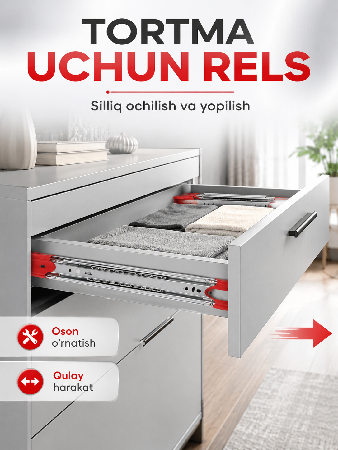 Tortma uchun rels, sharikli teleskopik yo‘naltirgich, mebel furniturasi, 2 dona - 