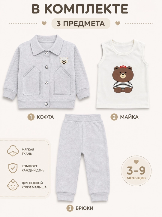 Костюм для малышей 3 предмета: майка и брюки, для детей 3–9 месяцев