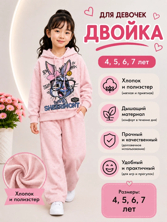 Двойка для девочки, худи и штаны, хлопок-полиэстер удобный комплект на каждый день 4–7 лет - 