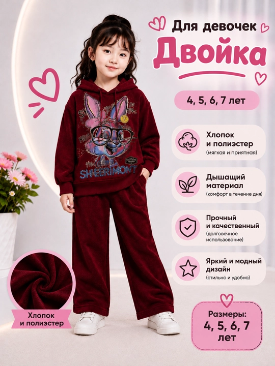 Двойка для девочки, худи и штаны, хлопок-полиэстер удобный комплект на каждый день 4–7 лет - 