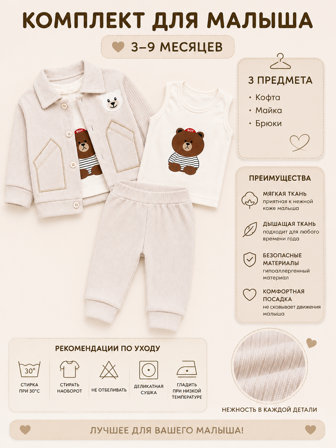 Костюм для малышей 3 предмета: майка и брюки, для детей 3–9 месяцев - 