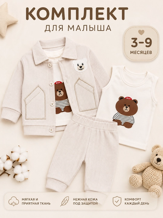 Костюм для малышей 3 предмета: майка и брюки, для детей 3–9 месяцев