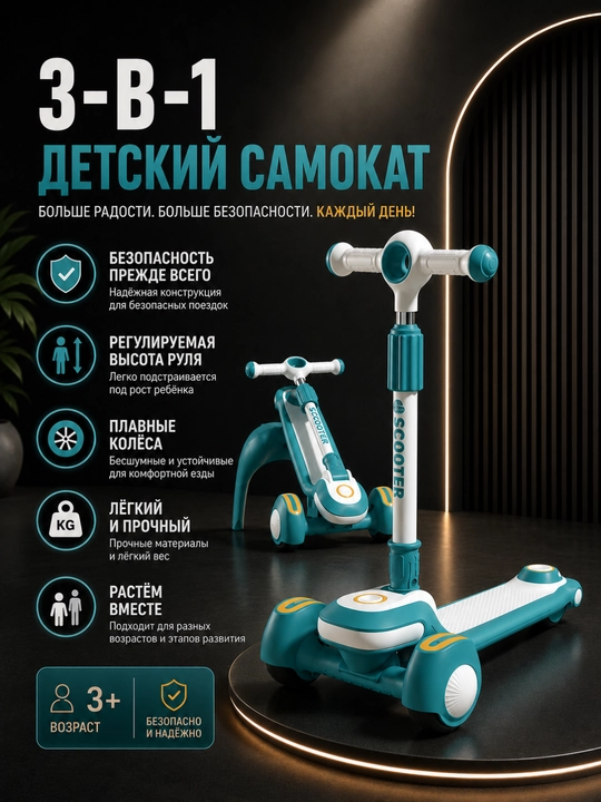 Детский самокат 3 колеса, регулируемый по высоте, крепкий, для прогулок и перемен