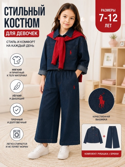 Джинсовый костюм для девочек, комплект рубашка и брюки, 7–12 лет - 