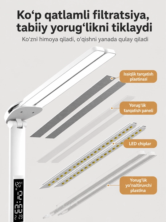 LED stol chiroqchasi, ko'p funksiyali stol chiroqchasi, qayta zaryadlanuvchi