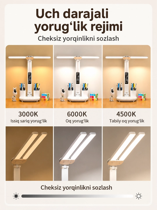 LED stol chiroqchasi, ko'p funksiyali stol chiroqchasi, qayta zaryadlanuvchi