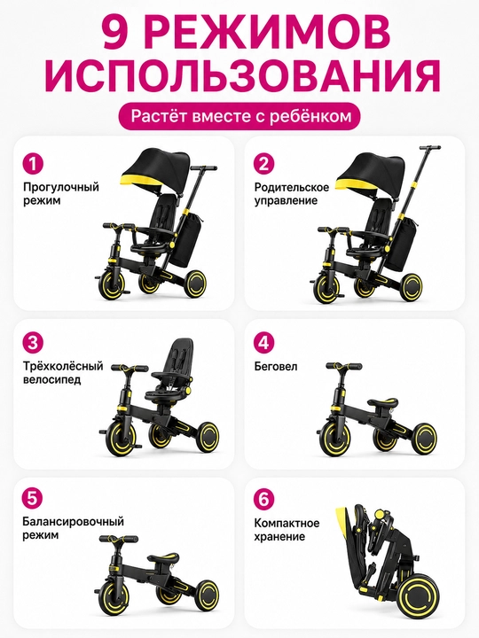 Детский велосипед 9 в 1, регулируемая ручка, двустороннее сиденье, PU-колёса