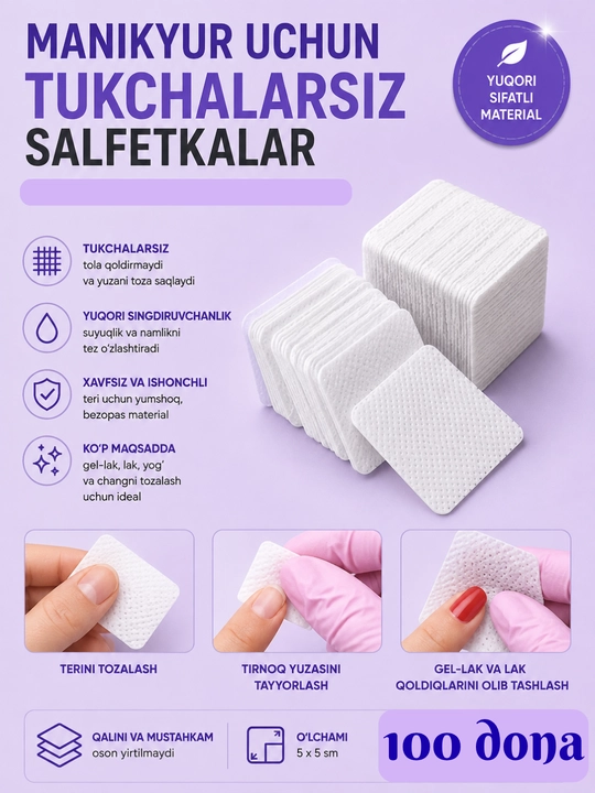 Manikyur uchun tukchalarsiz salfetkalar 100 dona - 