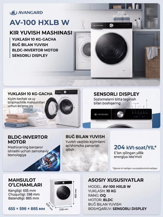 Avangard kir yuvish mashinasi 6kg /  8kg / 10kg BLDC invertorli motor, 14 ta dastur, A+++