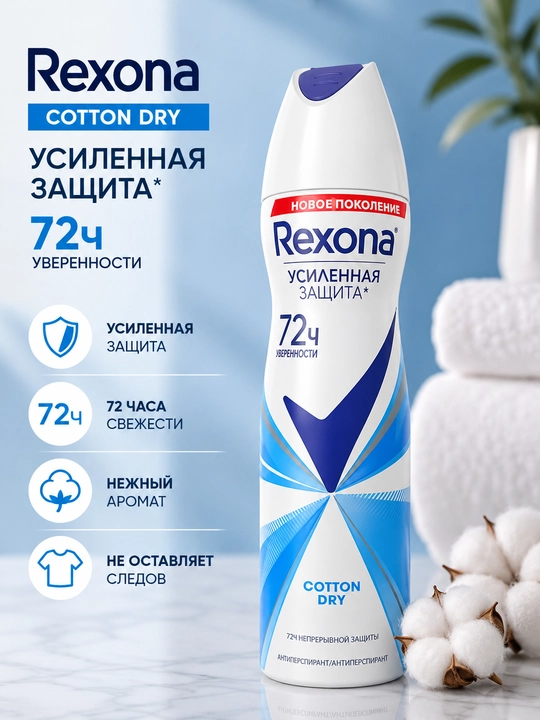 Антиперспирант Rexona Cotton Dry, усиленная защита 72 ч - 