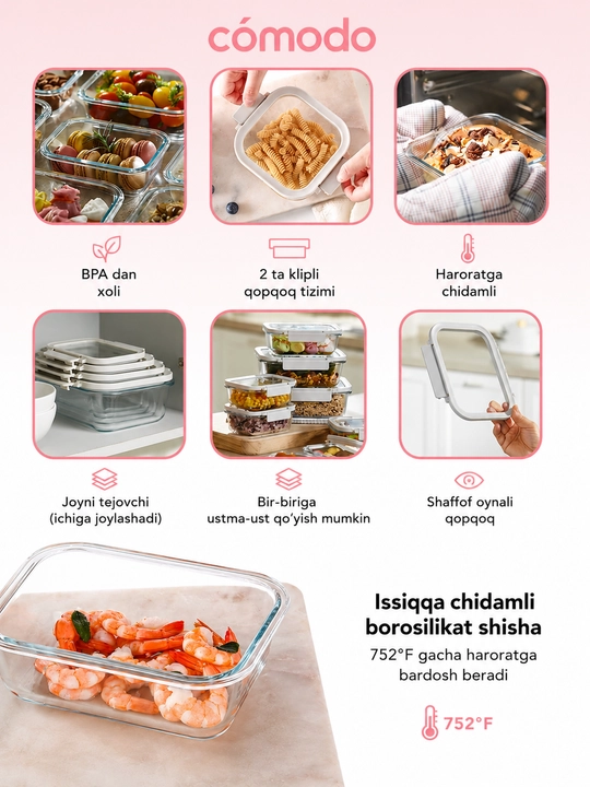 NEOFLAM COMODO Shisha oziq-ovqat konteynerlari to‘plami 5 dona, germetik qopqoqli