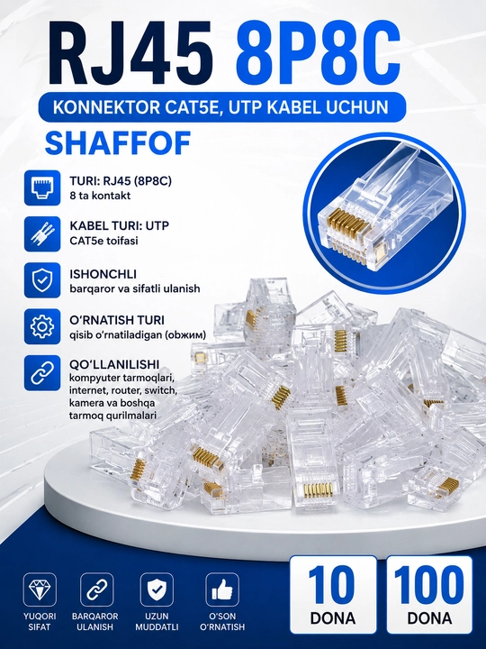 RJ45 konnektor 8P8C, CAT5e, UTP kabel uchun, shaffof 10 dona 100 dona - 