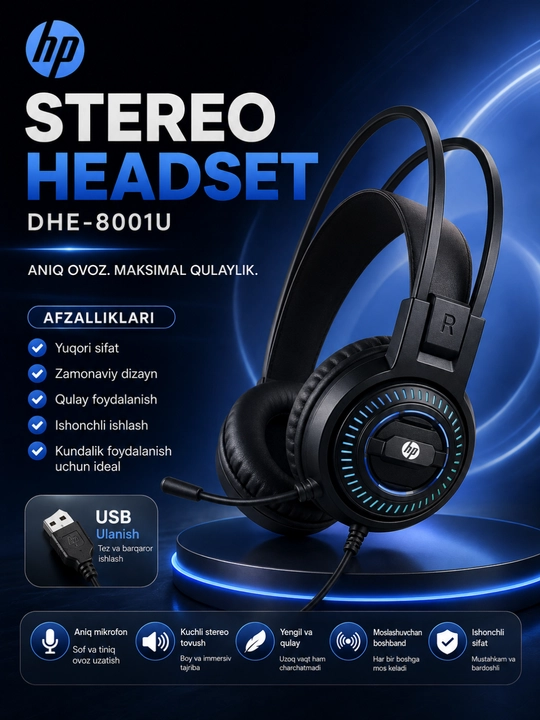 Hp stereo headset dhe-8001u usb mikrofonli quloqchin kompyuter va noutbuk uchun qora - 